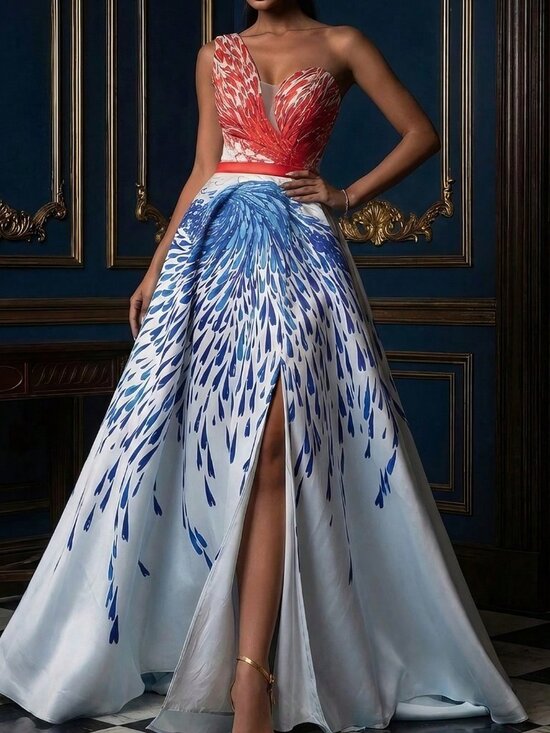 Dresses & Skirts - Baby Blue Elegant Women's Sleeveless Dress with Asymmetric Neckline and Slit